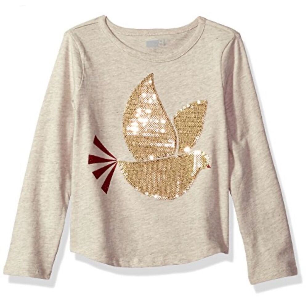NWT Toddler Girls Crazy 8 Long Sleeve Gold Sequin Dove Graphic Tee Shirt - Sz 2T
